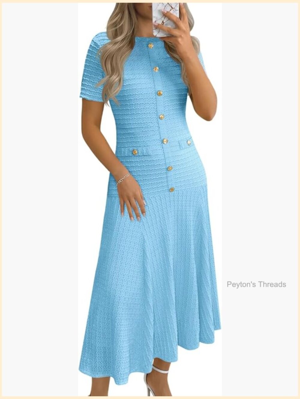 Textured Slim Fit Midi Dress with Short Sleeves and Crewneck - Picture 1 of 7